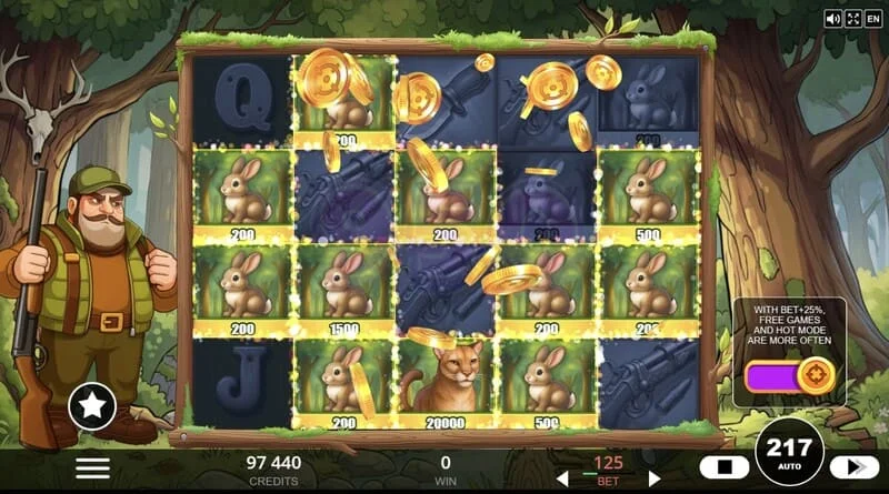 Hunt the Bucks - špeciálne symboly Hunter-Wild, Scatter a Animal Credit na mriežke